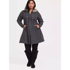 TORRID Outlander Gray Jaime Faux Fur Trim Woolen Swing Coat Size 6 6X 30
